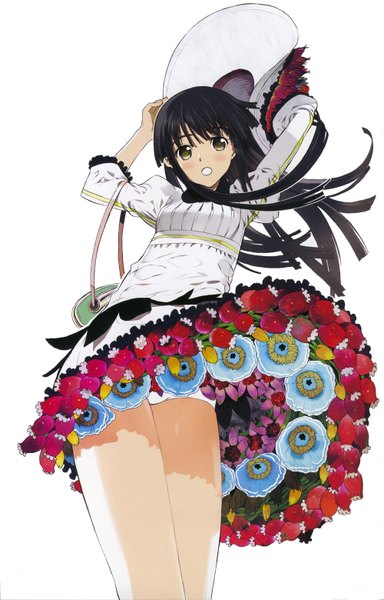 Anime picture 1000x1560 with okama single long hair tall image looking at viewer blush fringe open mouth light erotic black hair white background wind arm support arms up from below grey eyes skirt lift girl skirt underwear