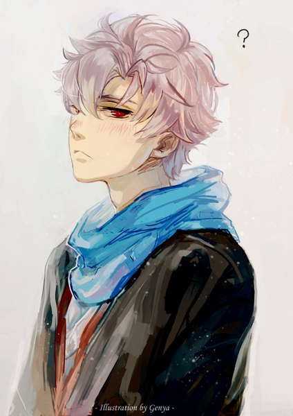 Anime picture 2480x3507 with gintama sunrise (studio) sakata gintoki oreki genya single tall image looking at viewer blush highres short hair simple background red eyes signed traditional clothes grey hair grey background text :< question boy