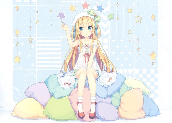 Anime picture 3300x2360 with original eshi 100-nin ten shimotsuki potofu kani biimu single long hair blush highres blonde hair sitting green eyes looking away absurdres scan girl dress ribbon (ribbons) hair ribbon socks white dress