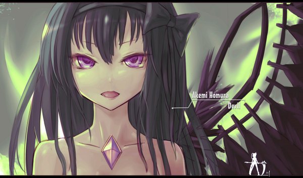 Anime picture 1497x882 with mahou shoujo madoka magica shaft (studio) akemi homura wangchuan de quanyan single long hair looking at viewer black hair wide image purple eyes letterboxed black wings girl bow hair bow wings hairband