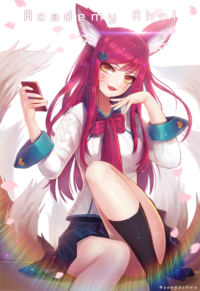 Anime picture 550x800 with league of legends ahri (league of legends) academy ahri (league of legends) hanato (seonoaiko) single long hair tall image looking at viewer blush fringe open mouth smile sitting holding signed animal ears yellow eyes pink hair bent knee (knees) tail