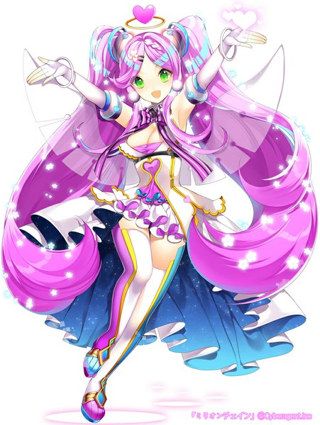 Anime picture 850x1130 with original roh nam kyung single tall image looking at viewer open mouth twintails green eyes purple hair very long hair girl thighhighs dress gloves flower (flowers) wings heart fingerless gloves halo