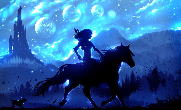 Anime picture 1586x966 with original ryky single long hair wide image sitting cloud (clouds) outdoors profile night night sky silhouette girl plant (plants) animal tree (trees) moon star (stars) grass full moon