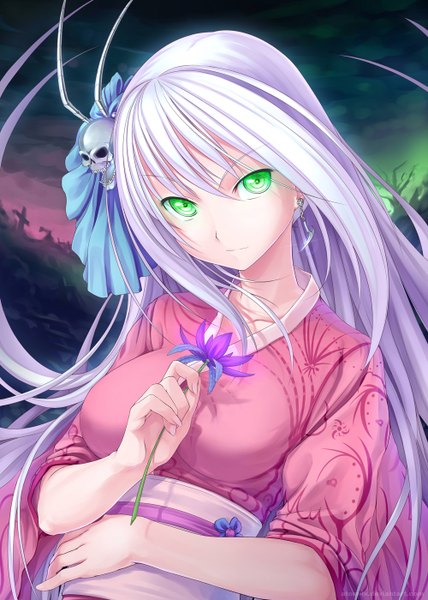 Anime picture 1000x1400 with original atomix single long hair tall image looking at viewer green eyes signed white hair japanese clothes glowing glowing eye (eyes) girl hair ornament flower (flowers) earrings kimono obi skull
