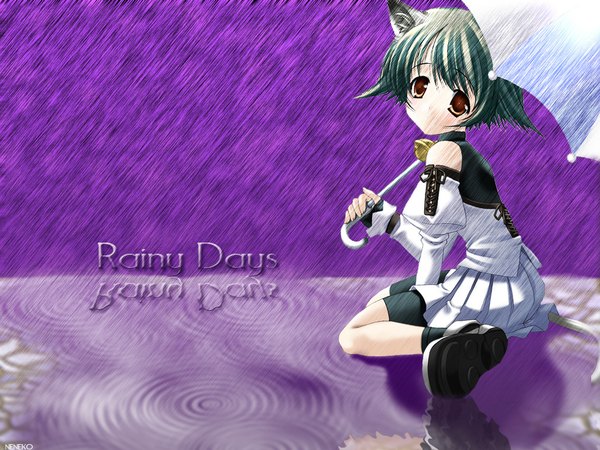 Anime picture 1024x768 with sitting animal ears pleated skirt cat ears loli rain skirt umbrella tagme