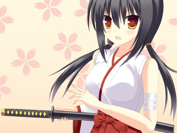 Anime picture 1500x1125 with original komori413 single long hair blush open mouth black hair brown eyes looking away traditional clothes girl flower (flowers) weapon detached sleeves sword katana armband