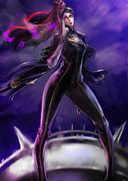 Anime picture 1240x1754 with bayonetta bayonetta (character) single long hair tall image black hair standing ponytail girl hair ornament ribbon (ribbons) hair ribbon glasses insect butterfly bodysuit