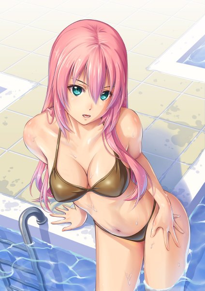 Anime picture 848x1200 with vocaloid megurine luka pinakes single long hair tall image looking at viewer breasts open mouth blue eyes light erotic pink hair from above bare legs midriff hand on hip partially submerged checkered floor girl navel