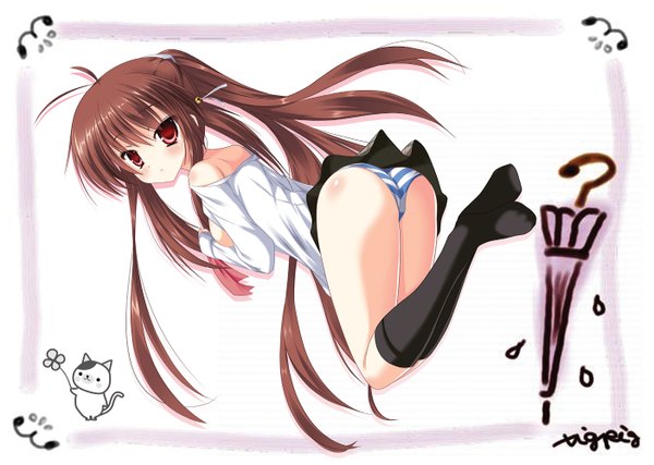 Anime picture 1404x1000 with little busters! key (studio) natsume rin uzuki kotone long hair breasts light erotic red eyes brown hair bare shoulders ass ponytail open clothes pantyshot open shirt closed umbrella girl skirt underwear panties