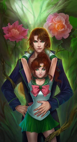 Anime picture 1300x2369 with bishoujo senshi sailor moon toei animation kino makoto sailor jupiter zoisite (sailor moon) sanmeosore ryuuebi long hair tall image looking at viewer brown hair standing green eyes ponytail very long hair pleated skirt light smile from behind open clothes arms up open jacket