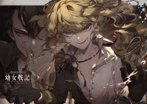 Anime picture 900x638 with youjo senki tanya degurechaff tanya degurechaff (male) kawacy long hair fringe open mouth blue eyes light erotic blonde hair smile red eyes brown hair hair over one eye open clothes sparkle open shirt finger to mouth wavy hair smirk