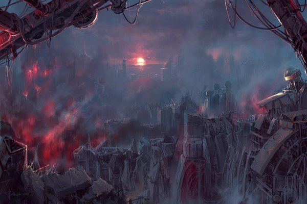 Anime picture 1422x950 with paperblue city evening sunset smoke cityscape ruins post-apocalyptic sun wire (wires)