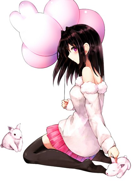 Anime picture 800x1131 with original iori (cpeilad) single long hair tall image blush black hair white background purple eyes bare shoulders profile girl thighhighs skirt black thighhighs animal sweater bunny balloon