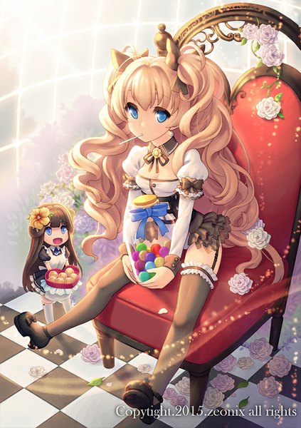 Anime picture 600x850 with sword girls ecell (artist) long hair tall image looking at viewer fringe breasts open mouth blue eyes light erotic black hair blonde hair sitting multiple girls full body hair flower maid wavy hair chibi checkered floor