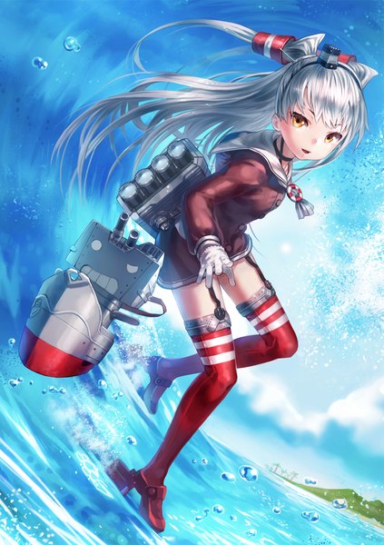Anime picture 793x1125 with kantai collection amatsukaze destroyer rensouhou-kun kfr single long hair tall image open mouth yellow eyes white hair two side up girl thighhighs weapon hat water hair tubes sailor suit mini hat mini top hat