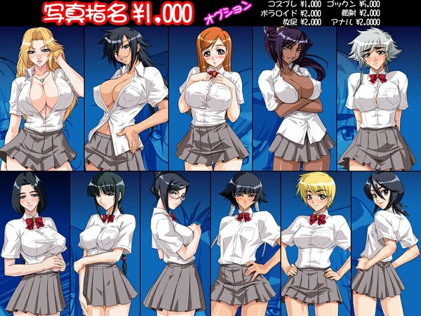 Anime-Bild 1024x768 mit bleach studio pierrot kuchiki rukia inoue orihime shihouin yoruichi matsumoto rangiku soifon unohana retsu kurotsuchi nemu shiba kuukaku ise nanao kotetsu isane kotetsu kiyone kagami breasts light erotic multiple girls cleavage 6+ girls everyone