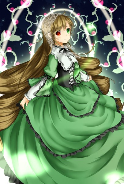 Anime picture 1181x1748 with rozen maiden suiseiseki single tall image looking at viewer blush smile brown hair very long hair heterochromia drill hair girl dress flower (flowers)