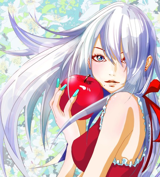 Anime picture 1200x1324 with original keepout single long hair tall image looking at viewer fringe holding silver hair nail polish aqua eyes wind sunlight hair over one eye mole sleeveless mole under mouth flower (flowers) earrings frills