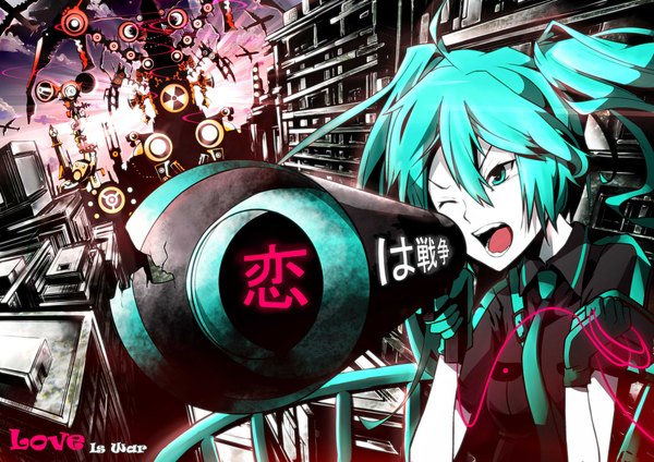 Anime picture 2000x1414 with vocaloid hatsune miku highres twintails green eyes green hair girl gloves megaphone