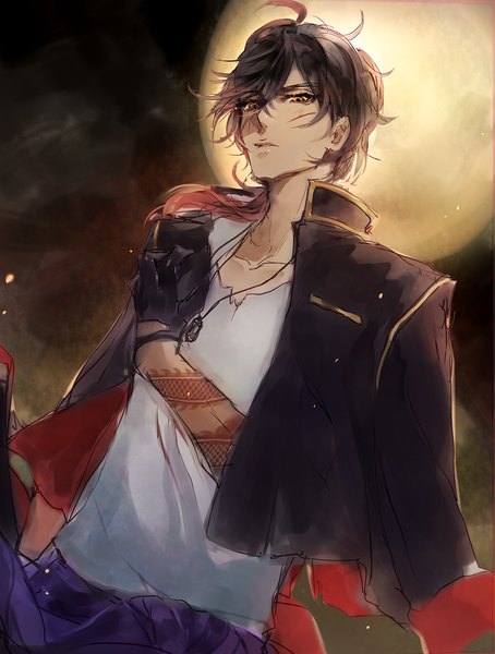 Anime picture 1329x1756 with touken ranbu nitroplus ookurikara momoshiki tsubaki single long hair tall image fringe black hair yellow eyes night from below tattoo looking down clothes on shoulders boy gloves black gloves moon full moon