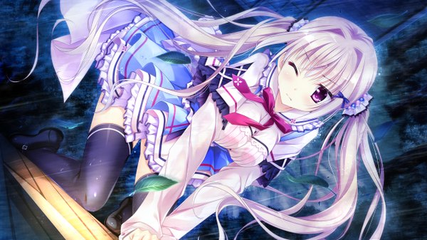 Anime picture 2560x1440 with koi suru kimochi no kasanekata ensemble (studio) hiiragi mio kimishima ao single long hair blush fringe highres wide image twintails looking away game cg silver hair one eye closed pink eyes wind teeth fang (fangs) rain