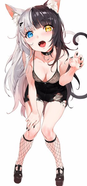 Anime picture 1921x4096 with original metako (hoyashi rebirth) yd (orange maru) single long hair tall image looking at viewer blush fringe highres breasts open mouth blue eyes light erotic black hair simple background white background bare shoulders animal ears yellow eyes