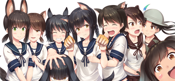 Anime picture 1400x651 with kantai collection kemono friends fubuki destroyer i-401 aircraft carrying submarine hatsuyuki destroyer shikinami destroyer ayanami destroyer shirayuki destroyer isonami destroyer miyuki destroyer uranami destroyer ichikawa feesu long hair looking at viewer blush fringe short hair breasts open mouth black hair