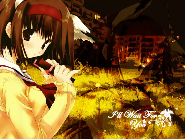 Anime picture 1600x1200 with original mitsumi misato single looking at viewer short hair brown hair brown eyes animal ears tail animal tail cat ears cat girl cat tail third-party edit girl uniform serafuku hairband building (buildings)