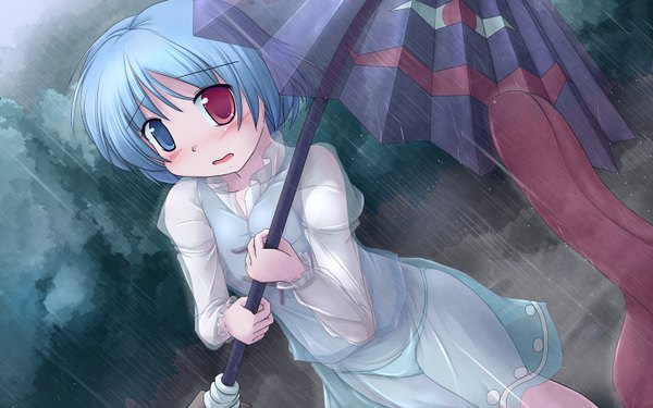 Anime picture 1600x1000 with touhou tatara kogasa lzh single blush short hair light erotic wide image blue hair wet loli heterochromia rain girl tongue umbrella