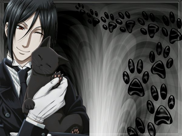 Anime picture 1024x768 with kuroshitsuji a-1 pictures sebastian michaelis short hair black hair smile red eyes one eye closed wink dark background butler boy gloves necktie cat suit