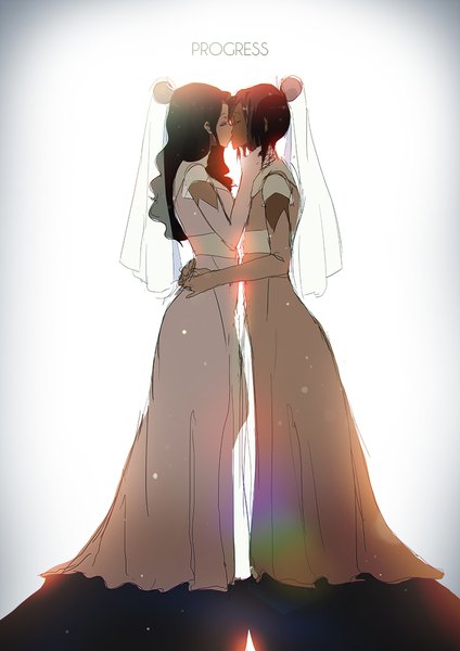 Anime picture 800x1131 with avatar: the legend of korra korra asami sato tom skender long hair tall image short hair light erotic multiple girls full body eyes closed inscription shadow hair bun (hair buns) couple hug dark skin shoujo ai kiss wedding