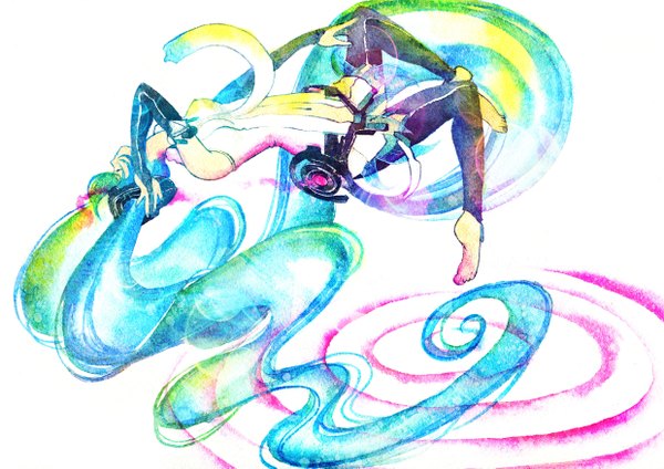 Anime picture 2480x1753 with vocaloid vocaloid append hatsune miku hatsune miku (append) muttiy single highres twintails eyes closed very long hair profile barefoot aqua hair traditional media watercolor (medium) girl detached sleeves