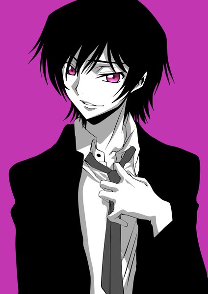 Anime picture 2480x3507 with code geass sunrise (studio) lelouch lamperouge guanghe zuoyong de de yezi single tall image looking at viewer fringe highres short hair black hair simple background smile purple eyes upper body open collar purple background adjusting clothes spot color polychromatic
