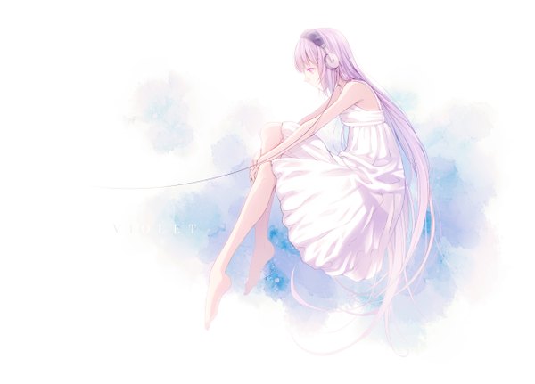 Anime picture 1280x920 with original too mizuguchi single long hair simple background white background sitting pink hair very long hair profile pink eyes barefoot sleeveless looking down girl dress white dress headphones wire (wires)
