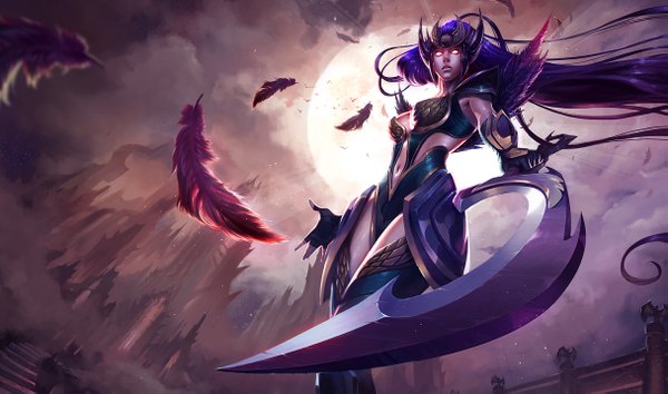 Anime picture 1215x717 with league of legends diana (league of legends) single long hair looking at viewer red eyes wide image blue hair city girl gloves navel weapon armor fingerless gloves moon feather (feathers) full moon