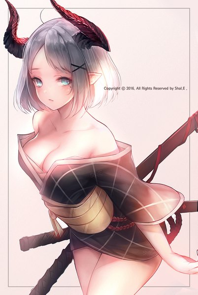 Anime picture 670x1000 with original shale single tall image looking at viewer blush short hair blue eyes light erotic simple background standing bare shoulders signed cleavage ahoge traditional clothes japanese clothes horn (horns) pointy ears grey hair