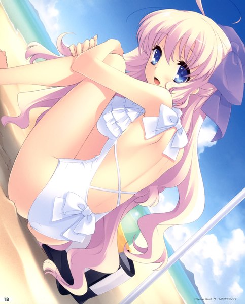 Anime picture 2902x3600 with flyable heart minase sakurako itou noiji long hair tall image looking at viewer highres open mouth blue eyes blonde hair sitting sky cloud (clouds) scan beach back wavy hair girl bow swimsuit