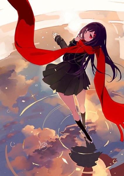 Anime picture 744x1053 with kagerou project shaft (studio) tateyama ayano lia-sama single long hair tall image fringe smile red eyes brown hair standing sky cloud (clouds) wind sunlight reflection girl uniform hair ornament