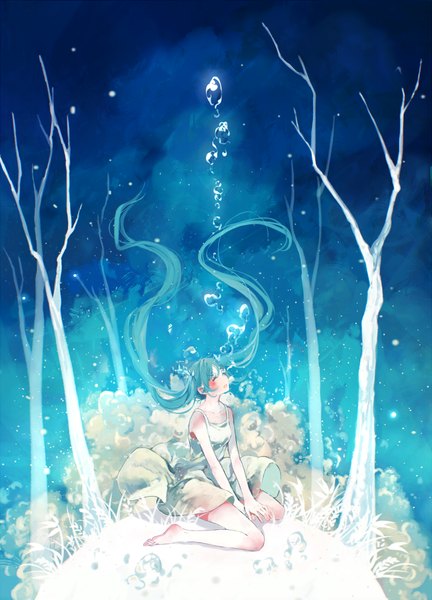 Anime picture 721x1000 with vocaloid hatsune miku bou shaku single tall image blush sitting twintails eyes closed very long hair barefoot aqua hair wariza underwater bare tree girl dress plant (plants) tree (trees) white dress