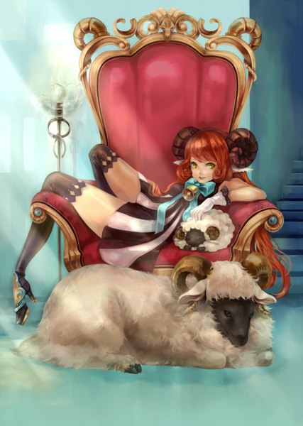 Anime picture 1068x1500 with original yuu (higashi no penguin) single tall image looking at viewer short hair green eyes full body red hair indoors horn (horns) striped reclining girl thighhighs dress gloves black thighhighs animal bell