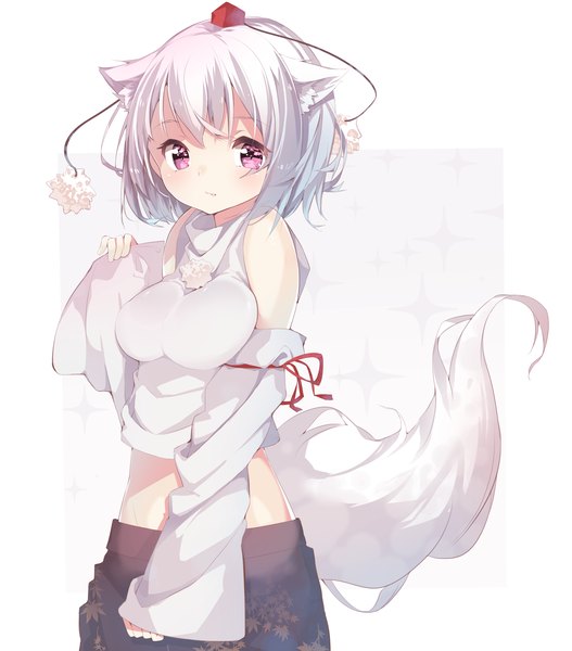 Anime picture 1973x2249 with touhou inubashiri momiji kayahara (kayaka) single tall image looking at viewer blush highres short hair white background animal ears silver hair tail animal tail pink eyes wolf ears wolf tail wolf girl girl detached sleeves