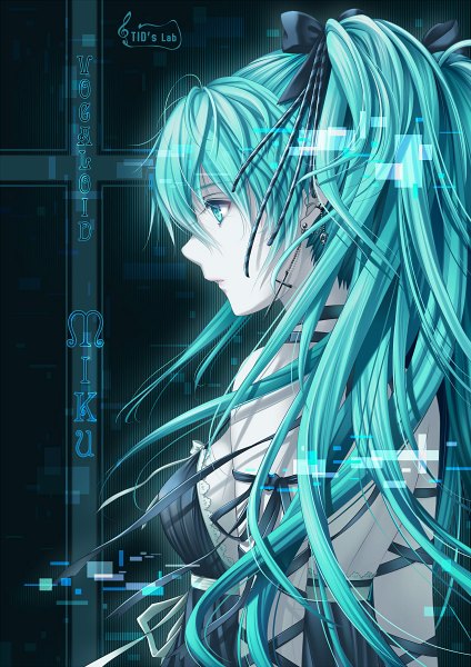 Anime picture 848x1200 with vocaloid hatsune miku tidsean single tall image looking away very long hair profile aqua eyes aqua hair girl dress bow hair bow earrings cross