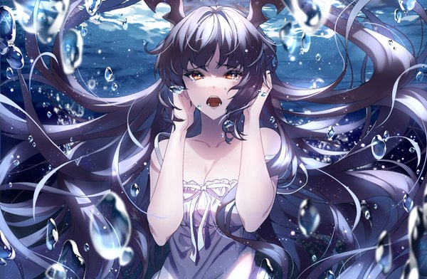 Anime picture 2600x1700 with original black joa single looking at viewer fringe highres open mouth brown hair bare shoulders brown eyes upper body very long hair horn (horns) teeth tears floating hair strap slip underwater slit pupils girl