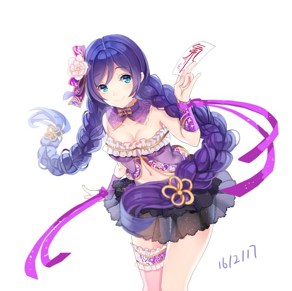 Anime picture 4145x4133 with love live! school idol project love live! school idol festival sunrise (studio) love live! toujou nozomi duzie e single long hair highres breasts simple background smile white background looking away absurdres cleavage purple hair braid (braids) aqua eyes leaning