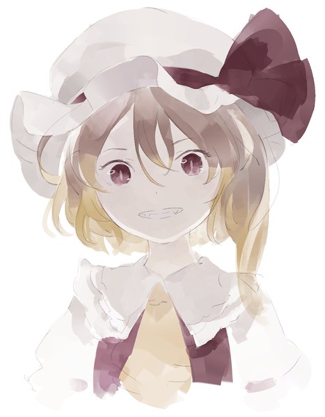 Anime picture 792x1017 with touhou flandre scarlet shihou (g-o-s) single tall image looking at viewer fringe short hair blonde hair simple background smile hair between eyes red eyes white background fang (fangs) side ponytail portrait slit pupils girl hat