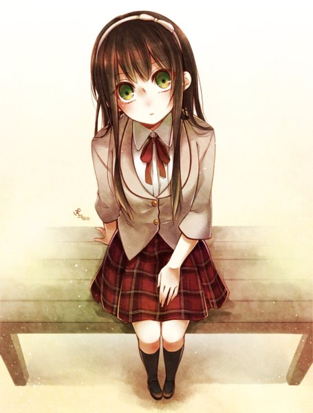 Anime picture 927x1221 with clock zero idea factory kurou nadeshiko poncho 49 single long hair tall image looking at viewer blush fringe brown hair sitting green eyes signed from above arm support girl uniform school uniform socks