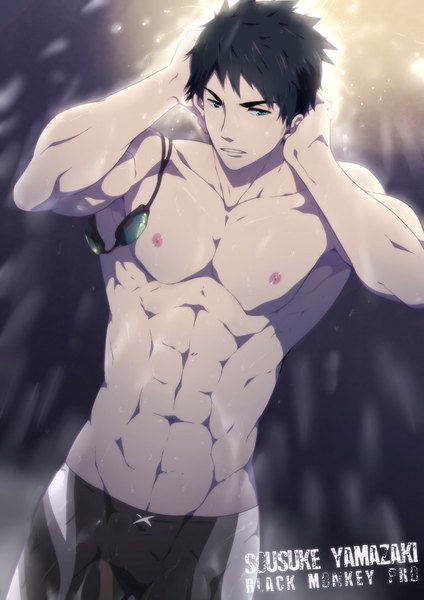 Anime picture 800x1131 with free! kyoto animation yamazaki sosuke mazjojo single tall image short hair light erotic black hair green eyes looking away nipples wet character names muscle hands on head boy goggles swimming trunks