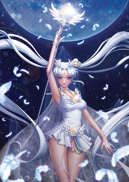 Anime picture 1000x1406 with bishoujo senshi sailor moon toei animation sailor cosmos ango single tall image blue eyes twintails white hair very long hair girl dress hair ornament star (stars) feather (feathers)
