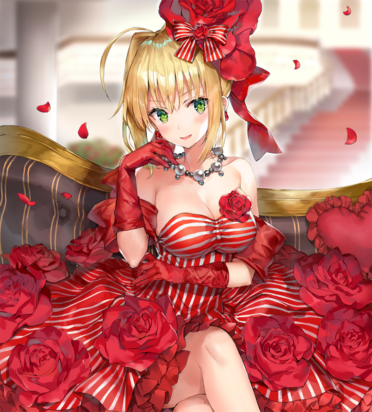 Anime picture 1000x1106 with fate (series) fate/extra nero claudius (fate) (all) nero claudius (fate) momoko (momopoco) single tall image looking at viewer blush fringe short hair breasts open mouth light erotic blonde hair smile hair between eyes sitting bare shoulders green eyes