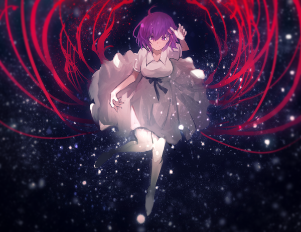 Anime picture 1948x1500 with fate (series) fate/stay night matou sakura tarbo (exxxpiation) single looking at viewer fringe highres short hair hair between eyes purple eyes purple hair full body ahoge outstretched hand girl dress pantyhose white dress white pantyhose